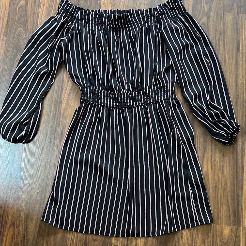 Dynamite Black Off-Shoulder Mini Dress with Pink Stripes